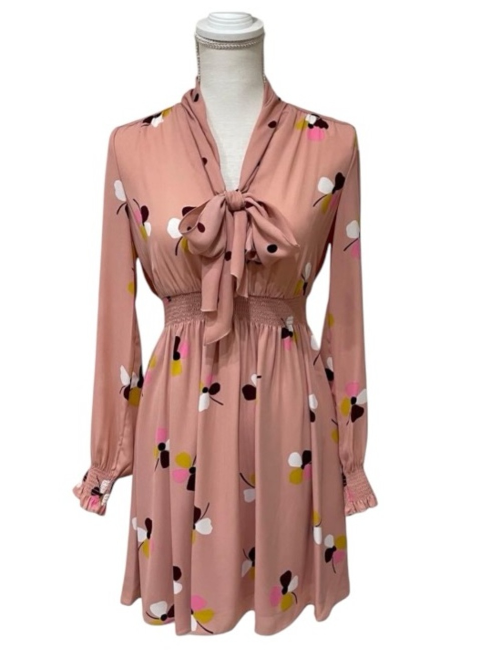 Kate Spade Dusk Buds Floral Print Mix Smocked Tie Neck Dress Pink XL $348